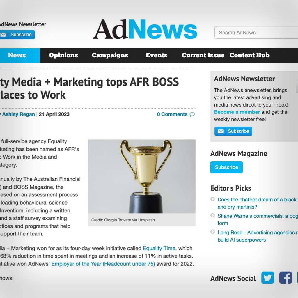 Adnews reports Equality Media + Marketing tops AFR BOSS Best Places to Work 2023